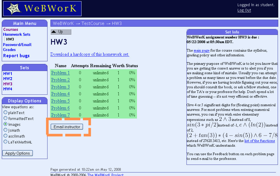 WeBWorK assignment interface showing problems, attempts, and options to email the instructor for assistance<br />
