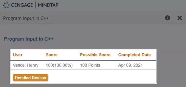 The gradebook of the student shows they got 100 points in Progam Input in C++ with out expert’s help<br />
