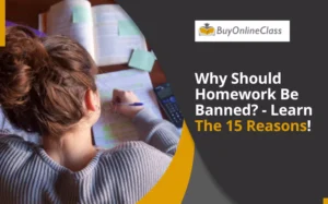 A woman is seen finishing her homework and the blog talks about 15 reasons why should homework be banned