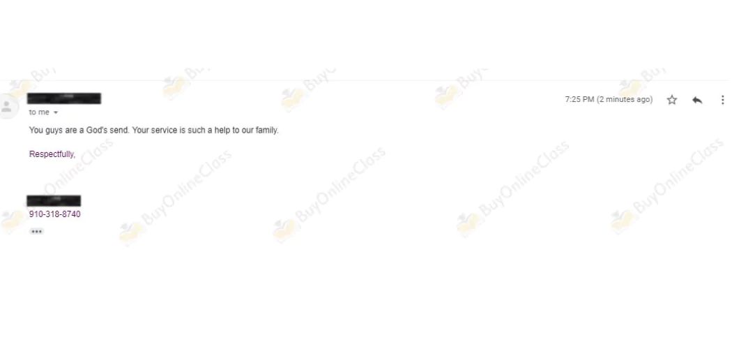 Image shows the email message of a student thanking Do My Online Class for good scores