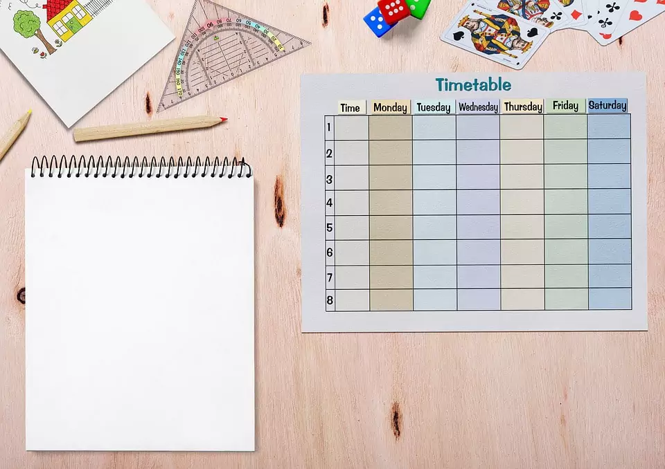 The doodle shows a sample study plan template along with a few pencils, a sketch book and a few games.