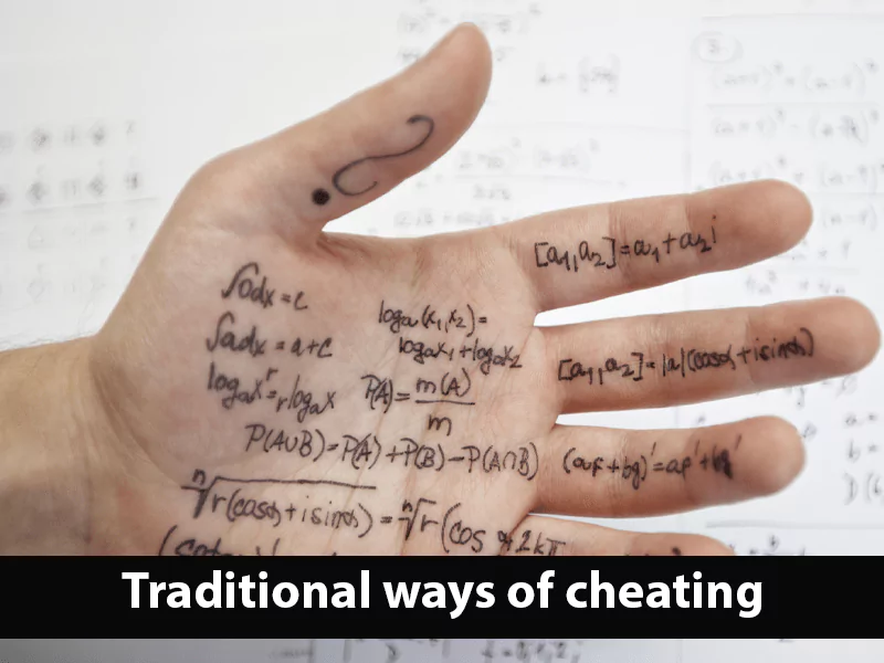 The image refers to the traditional ways of cheating where students write answer on their palm The image refers to the traditional ways of cheating where students write answer on their palm