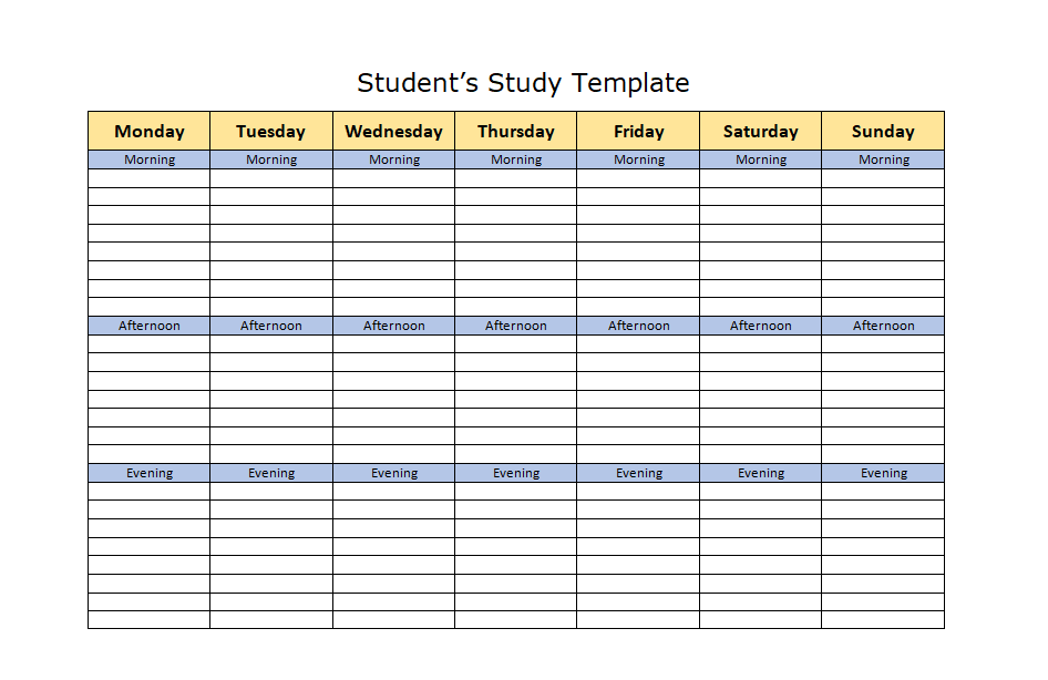 The image shows a student’s study template. This study schedule template allows you to take a step back and get perspective on what needs your attention.