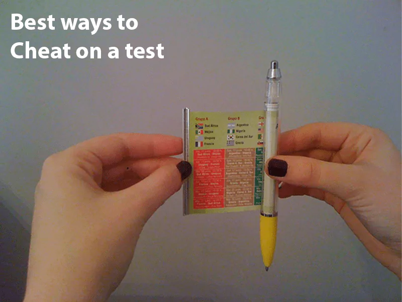 The image shows a woman cheating on test by using a pen with rolling answers The image shows a woman cheating on test by using a pen with rolling answers