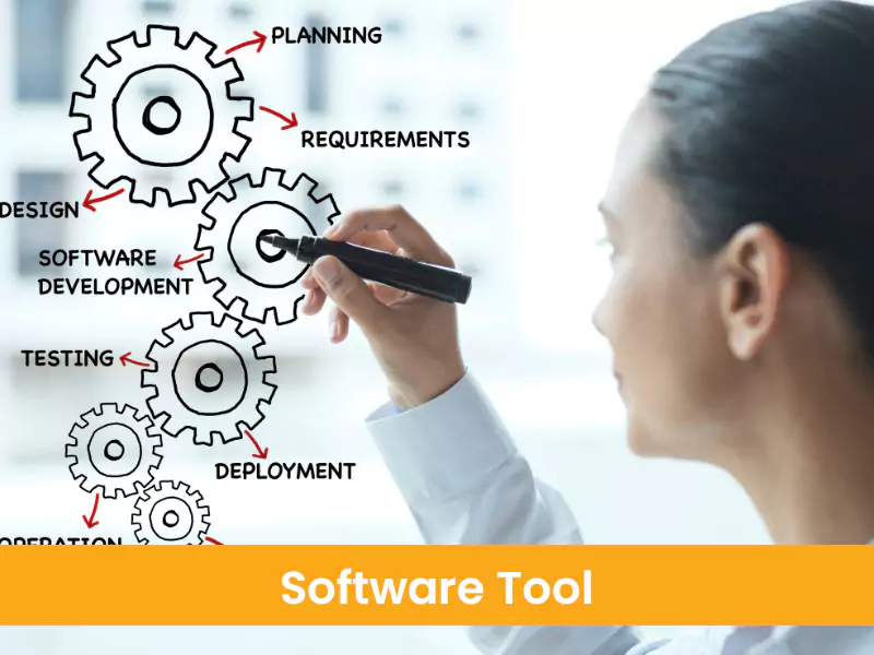 The image shows a woman making a software tool with a marker pen The image shows a woman making a software tool with a marker pen