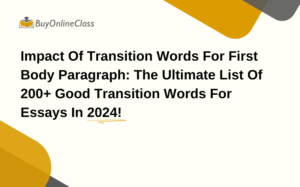 Banner with BuyOnlineClass logo highlighting transition words for the first body paragraph.