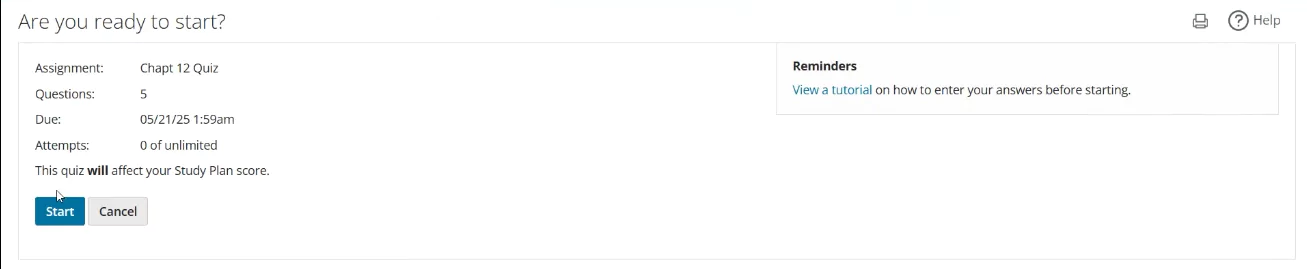 MyMathLab quiz start screen showing quiz details, unlimited attempts, and a reminder to review MyMathLab answers tutorial