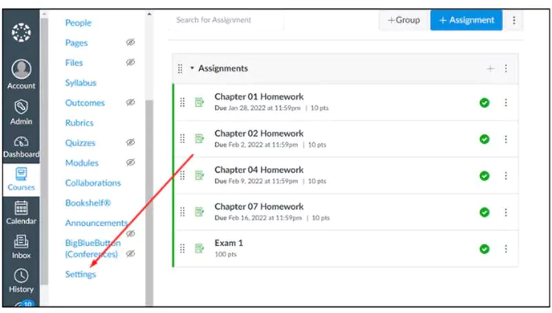 WileyPLUS portal image points to settings under courses