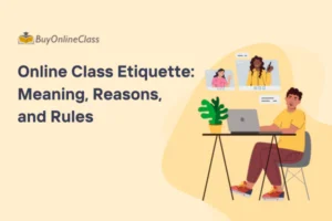 The image shows a student attending online class following online class etiquette