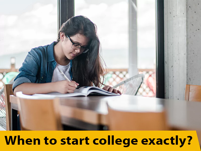Image shows a woman studying and talks about when to start college exactly
