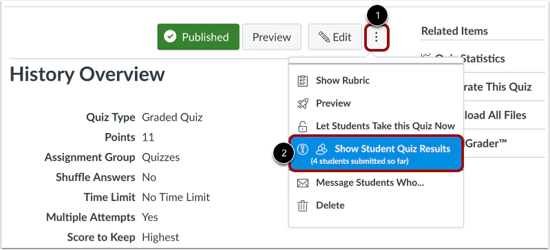 Instructor accessing Canvas quiz log to monitor student activity