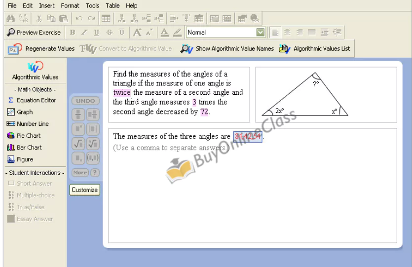 MathXL answers cheat solution showing angle calculations for a triangle using algebraic expressions and answer box<br />
