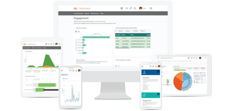 Brightspace answers visualized with charts and graphs across multiple devices, supporting data-driven teaching decisions<br />
