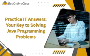 Student using a laptop to study and search for Practice IT answers with coding background.