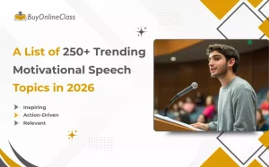 Young speaker presenting popular motivational speech topics at a conference podium