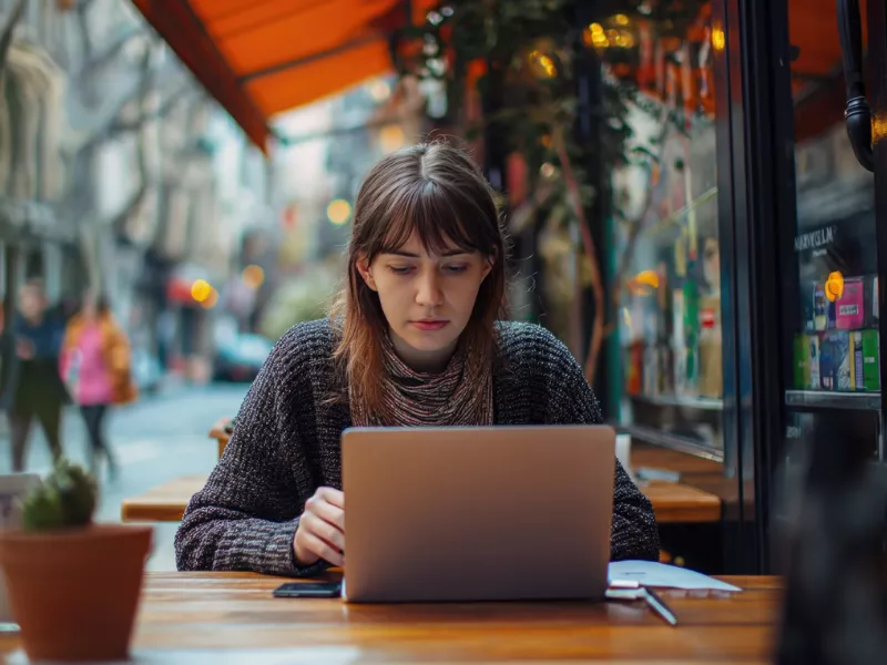 Student researching motivational speech topics on a laptop while studying at an outdoor café.<br />
