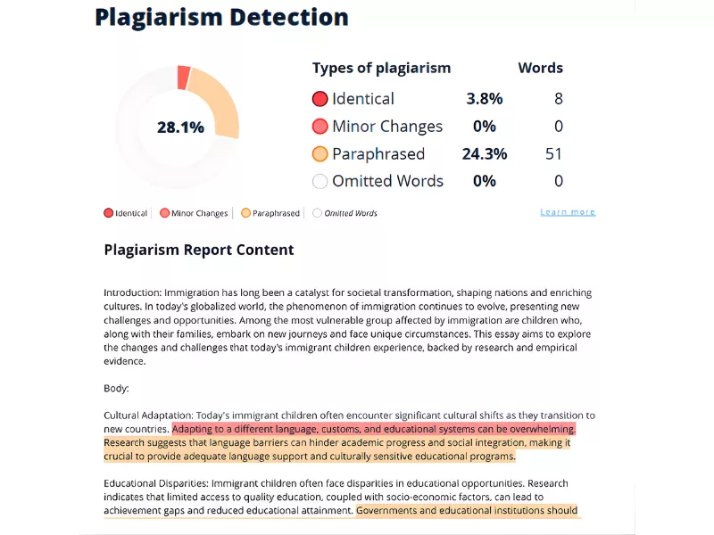 Image showing plagiarism report which edgenuity gives to the instructor.<br />
