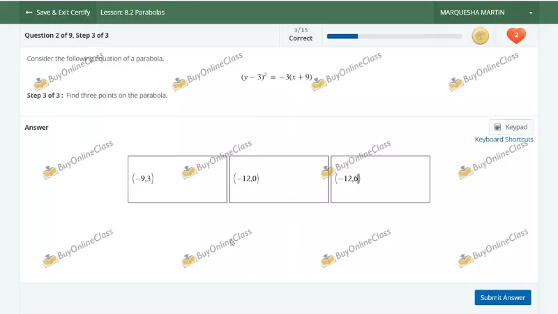 Hawkes Learning Certify Mode Progress Screen showing question and the solution