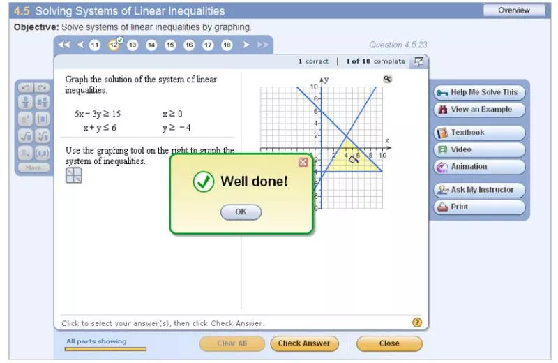 MathXL Study Plan solving linear inequalities with a "Well done!" feedback message on a graph