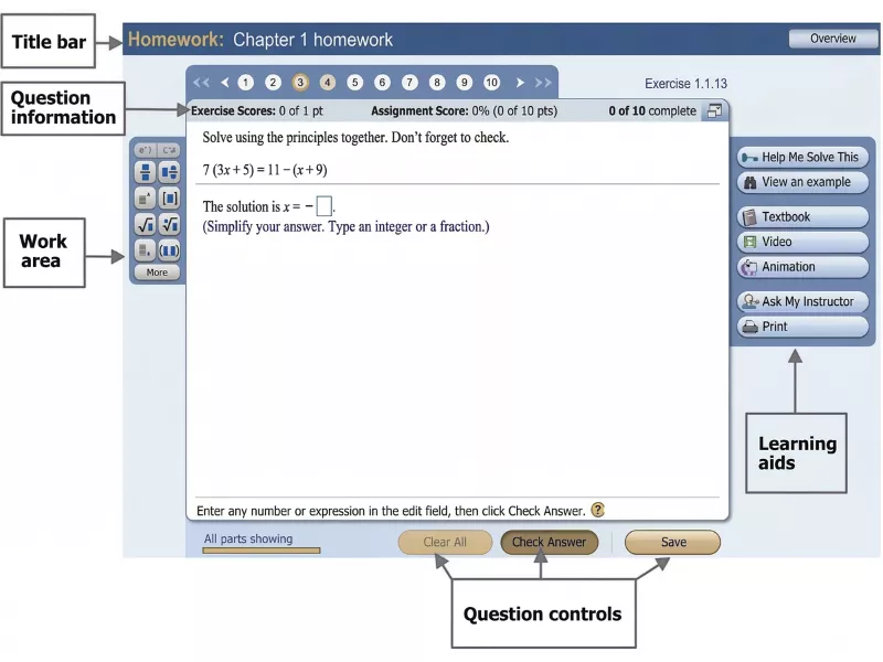 MathXL Player interface labeled with Title bar, Work area, Learning aids, and Question controls