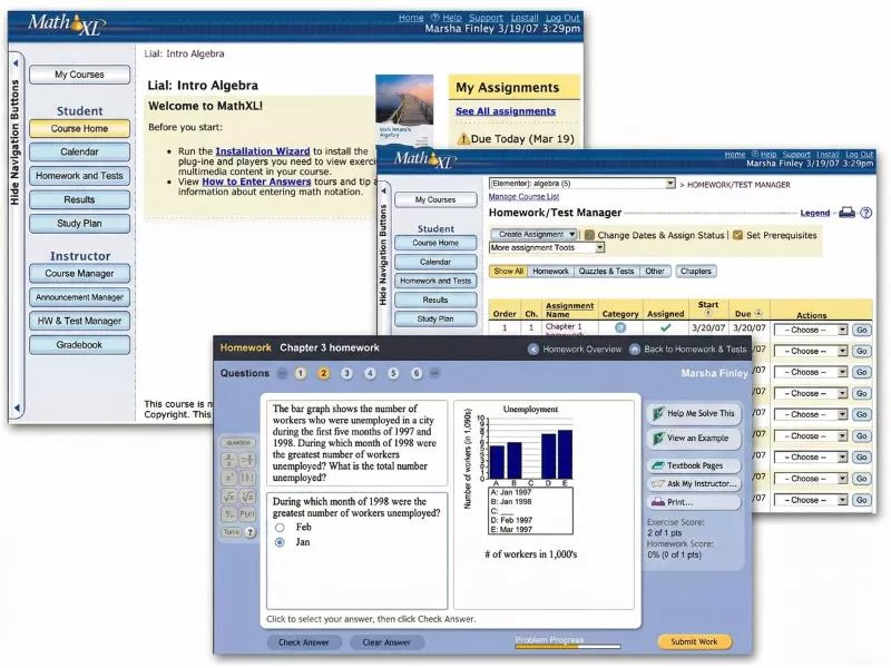 MathXL answers interface showing Course Home, Homework/Test Manager, and a bar graph exercise