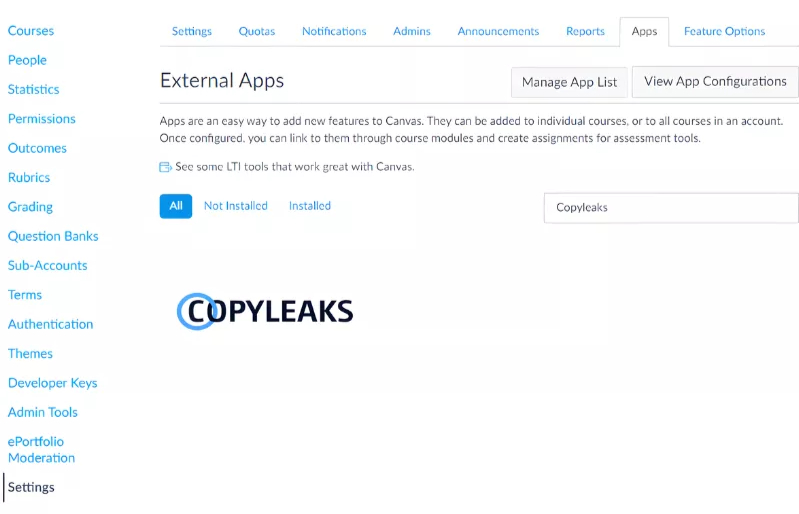 A screenshot of evidence showing Copyleaks has specialize plug-in for Canvas learning system integration