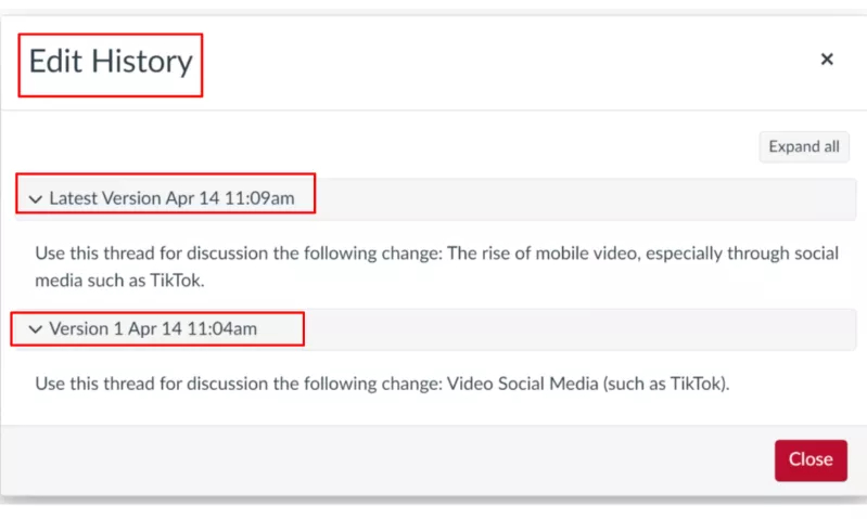 A screenshot of the Canvas portal showing the Edit history section of discussion boards.<br />
