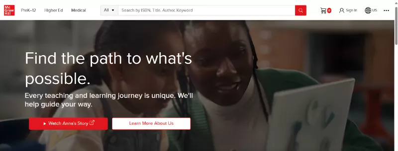 McGraw-Hill website homepage featuring a banner image of a mother and child using a tablet.<br />
