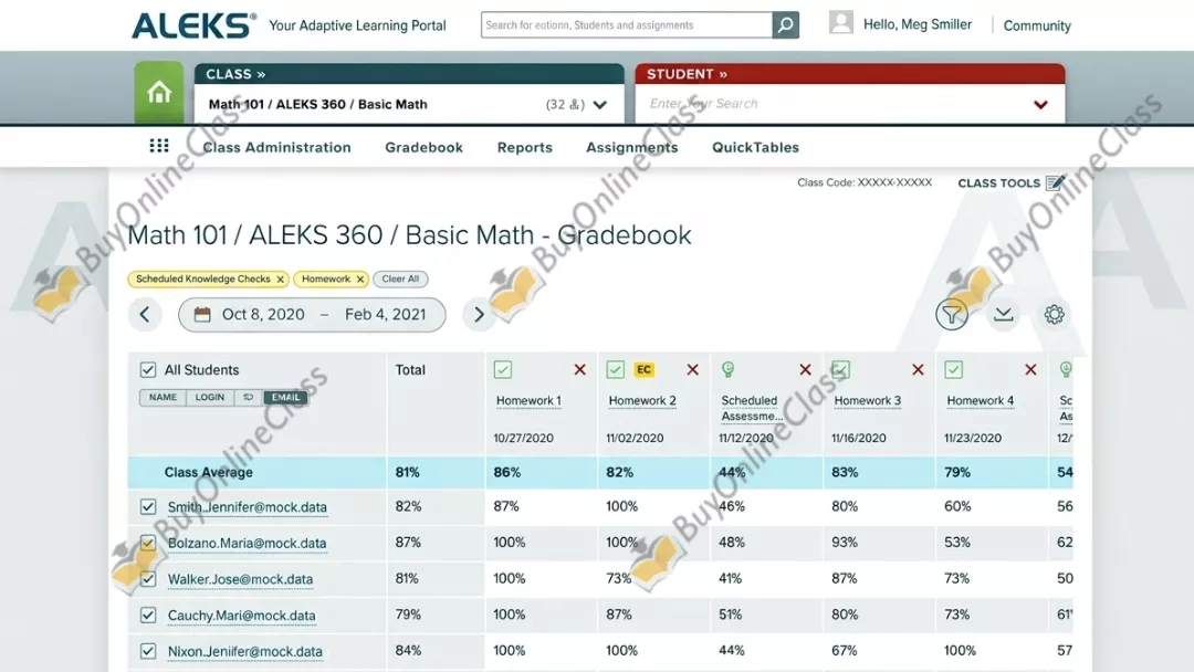  ALEKS answers gradebook dashboard showing assignments, class averages, and progress reports  