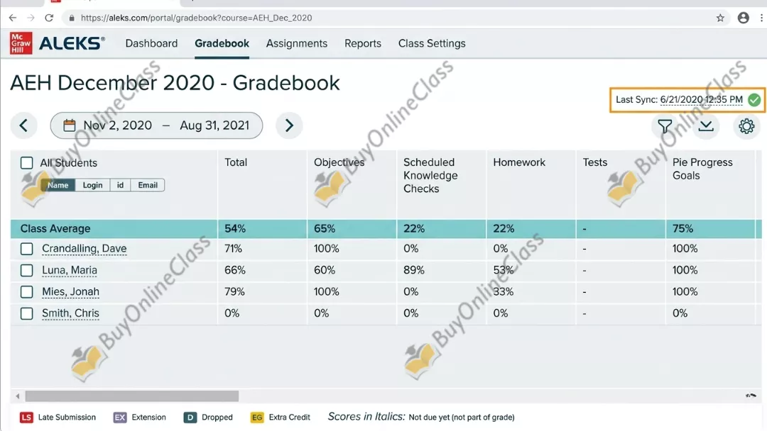  ALEKS answers gradebook dashboard showing class averages, homework, and test scores  