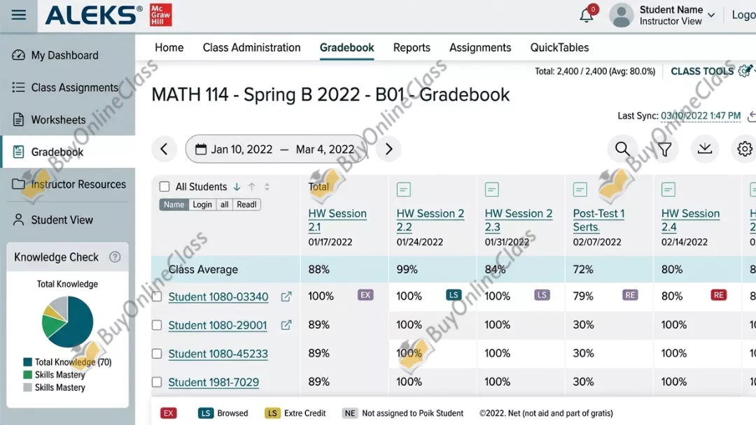 ALEKS answers gradebook showing class scores, homework sessions, and student progress tracking  