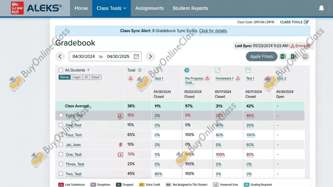  ALEKS answers gradebook dashboard showing class averages, homework, and test scores  