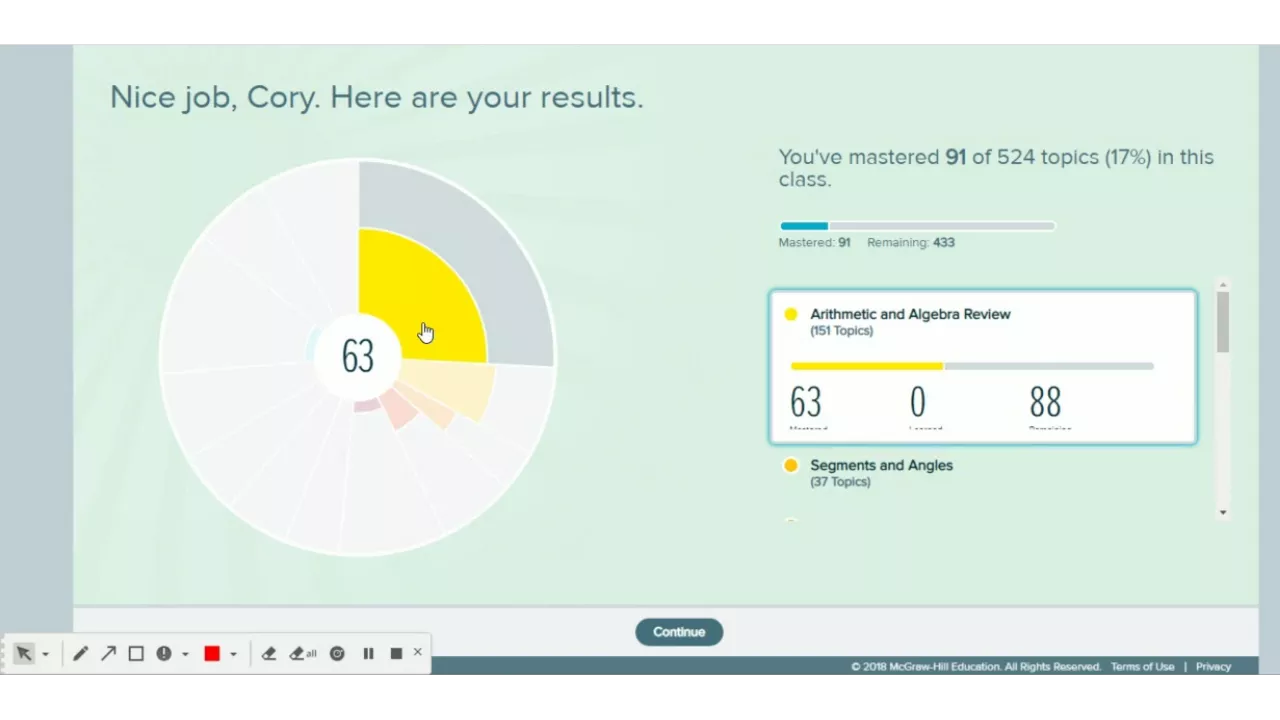 ALEKS answers results screen showing mastered topics, progress chart, and score summary ALEKS answers results screen showing mastered topics, progress chart, and score summary