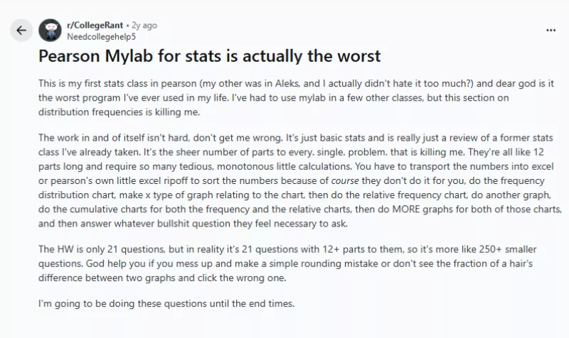 A Reddit post detailing student struggles and the need for MyStatLab Assignment Help 