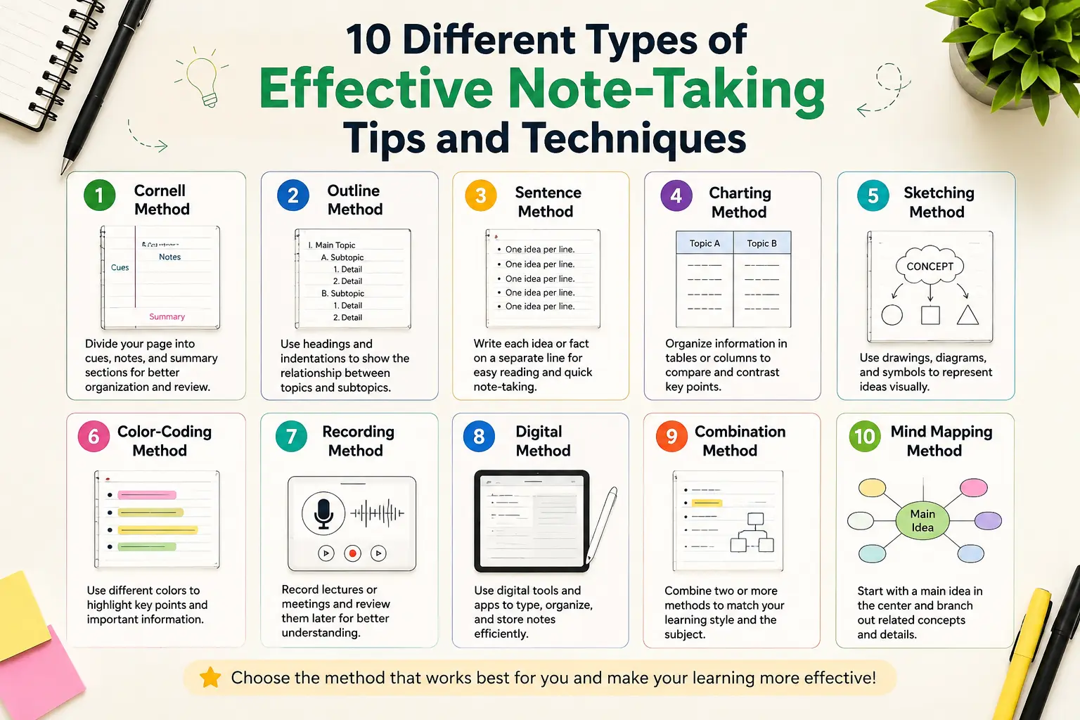  Illustration of 10 note-taking methods for better learning, revision, and exam preparation.<br />
