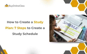Student writing in a planner showing how to create a study plan and study schedule