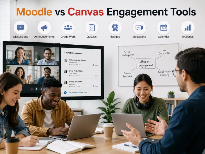 Moodle vs Canvas engagement tools for higher education with collaboration and messaging. 