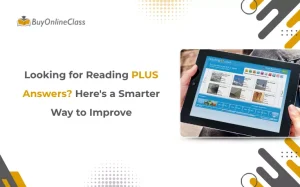 A person holding a tablet displaying Reading PLUS Answers interface with text about smart ways to improve