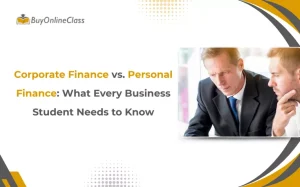 Corporate Finance vs. Personal Finance title card with two businessmen discussing finance