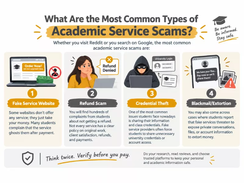 Infographic highlighting common academic service scams like fake websites and credential theft 