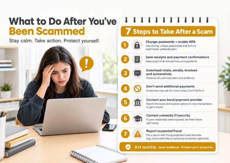 7 steps to take after being scammed by a fake academic service, including securing accounts 